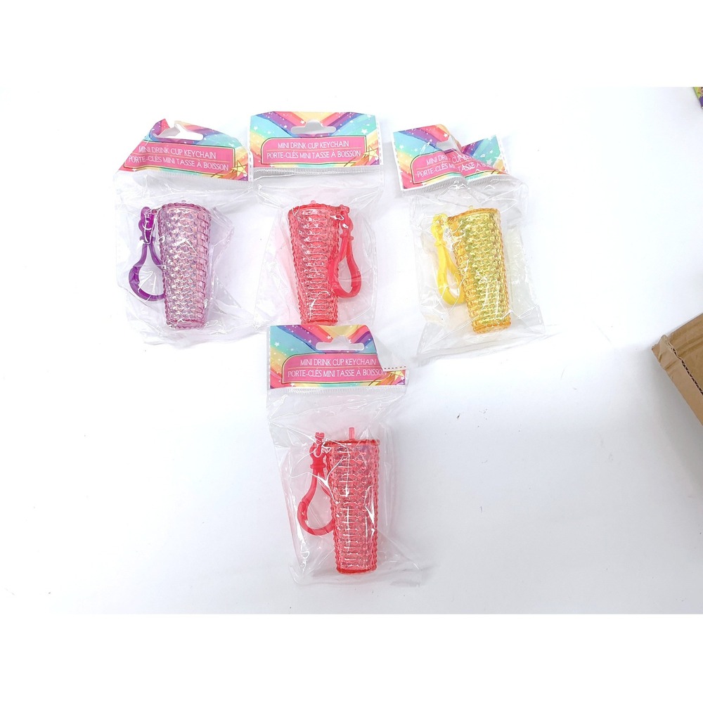4pc Mini Drink Cup Keychain Set Studded Tumbler Style Bag Charms Multi Color-NEW